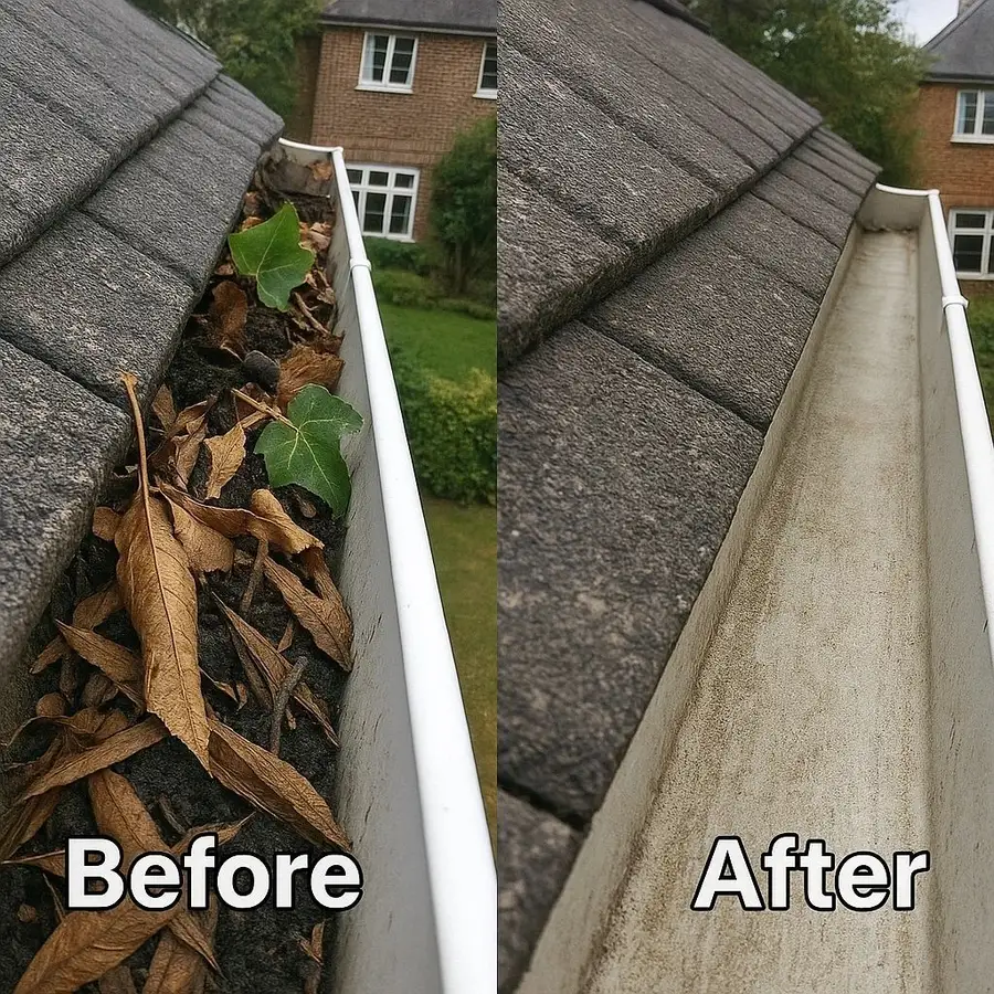 Gutter full of leaves and weeds before cleaning, and clear after