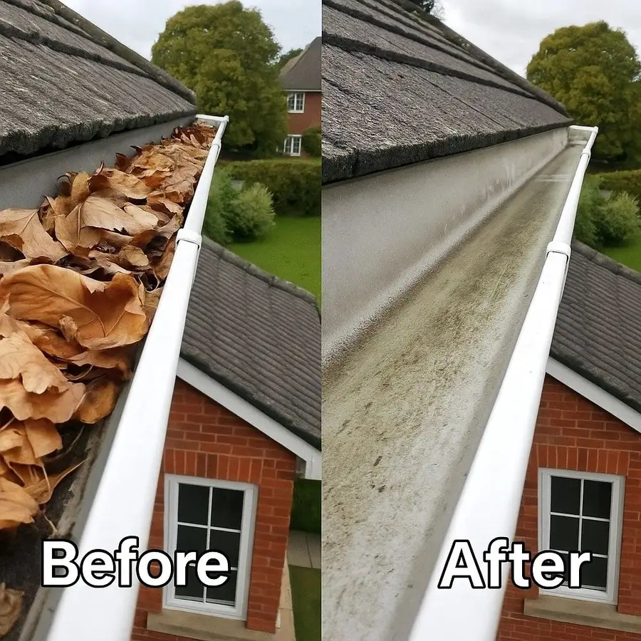 Gutter packed with dry leaves before, clean white gutter after, in Ealing