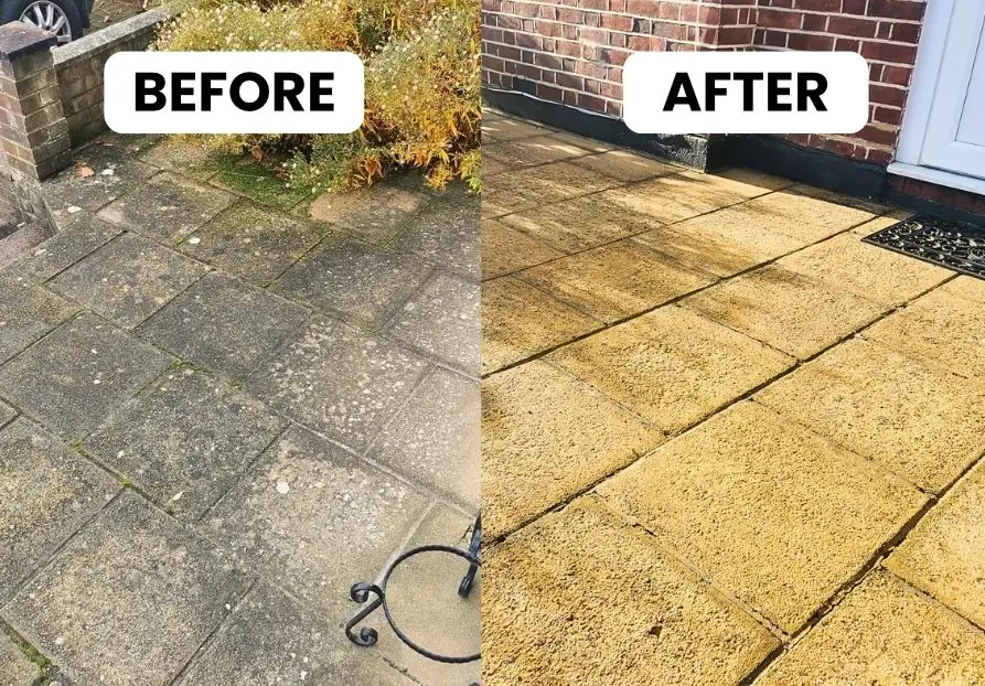 Green-stained patio slabs before jet washing and clean yellow slabs after