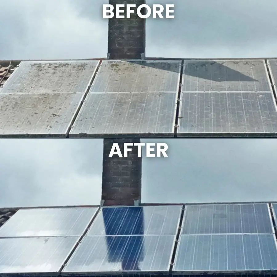 Dull solar panels before cleaning and clear panels after, in Ruislip