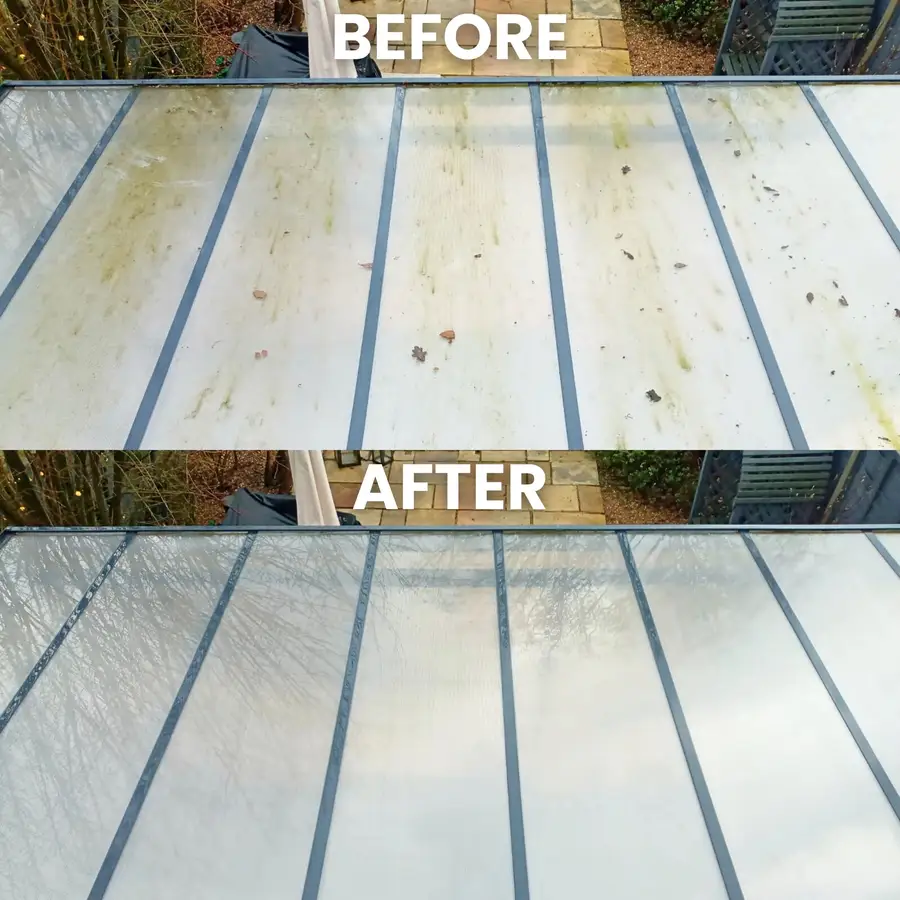 Algae-streaked veranda roof before and clear after, in Ealing